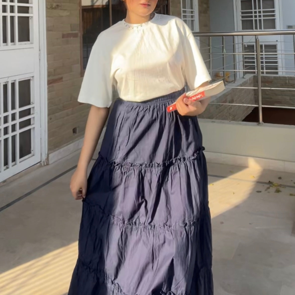 Ink blue tiered cotton skirt